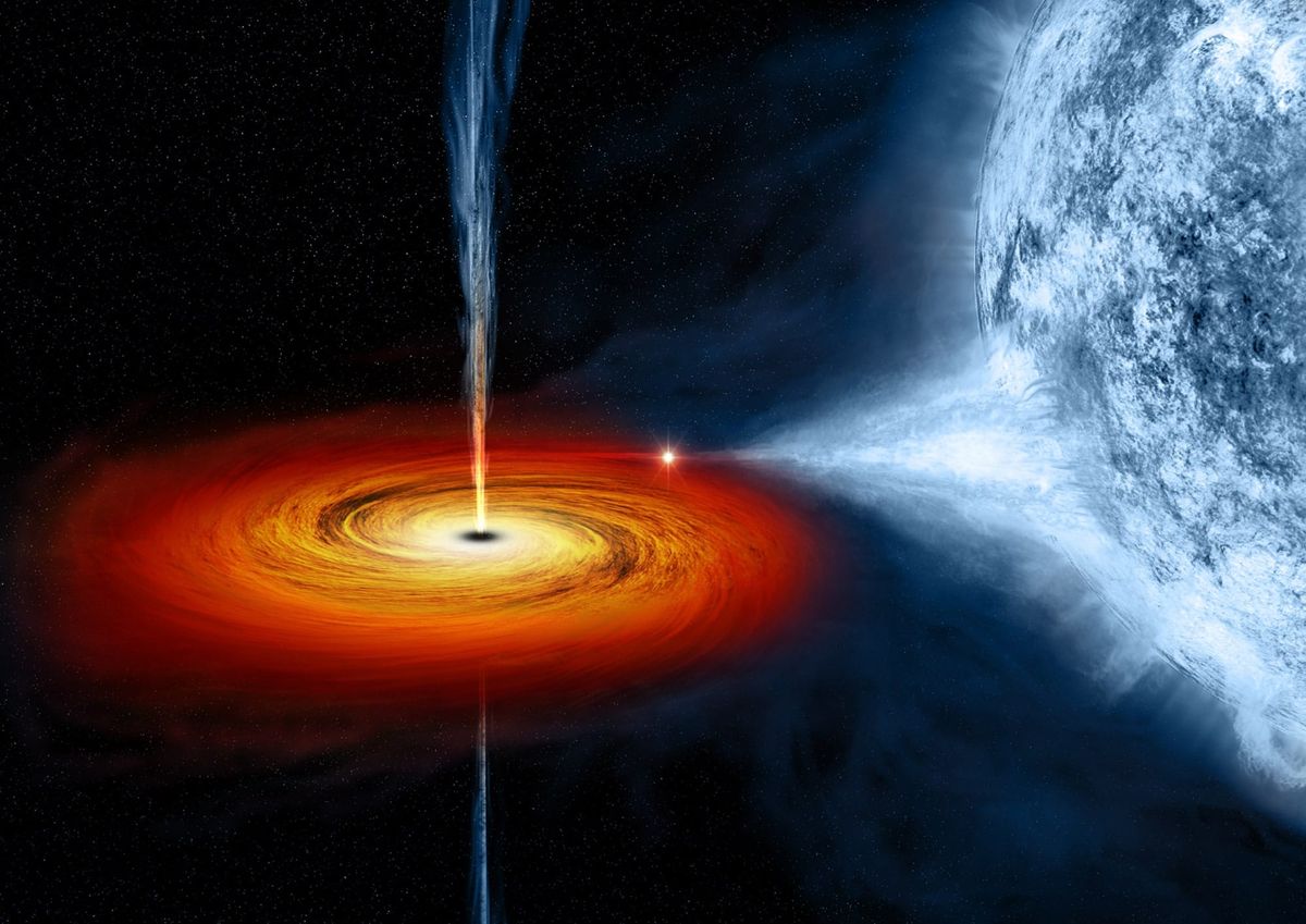 Artist’s illustration of the Cygnus X-1 black hole, its orange accretion disk and jets, and its blue companion star.