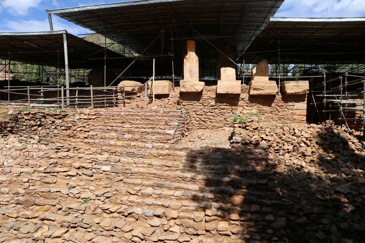 Surviving stone pillars and entrance podium at Grat Be’al Gibri in Yeha, Ethiopia.
