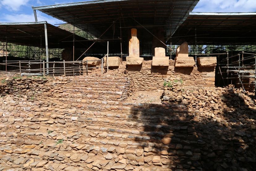 Surviving stone pillars and entrance podium at Grat Be’al Gibri in Yeha, Ethiopia.