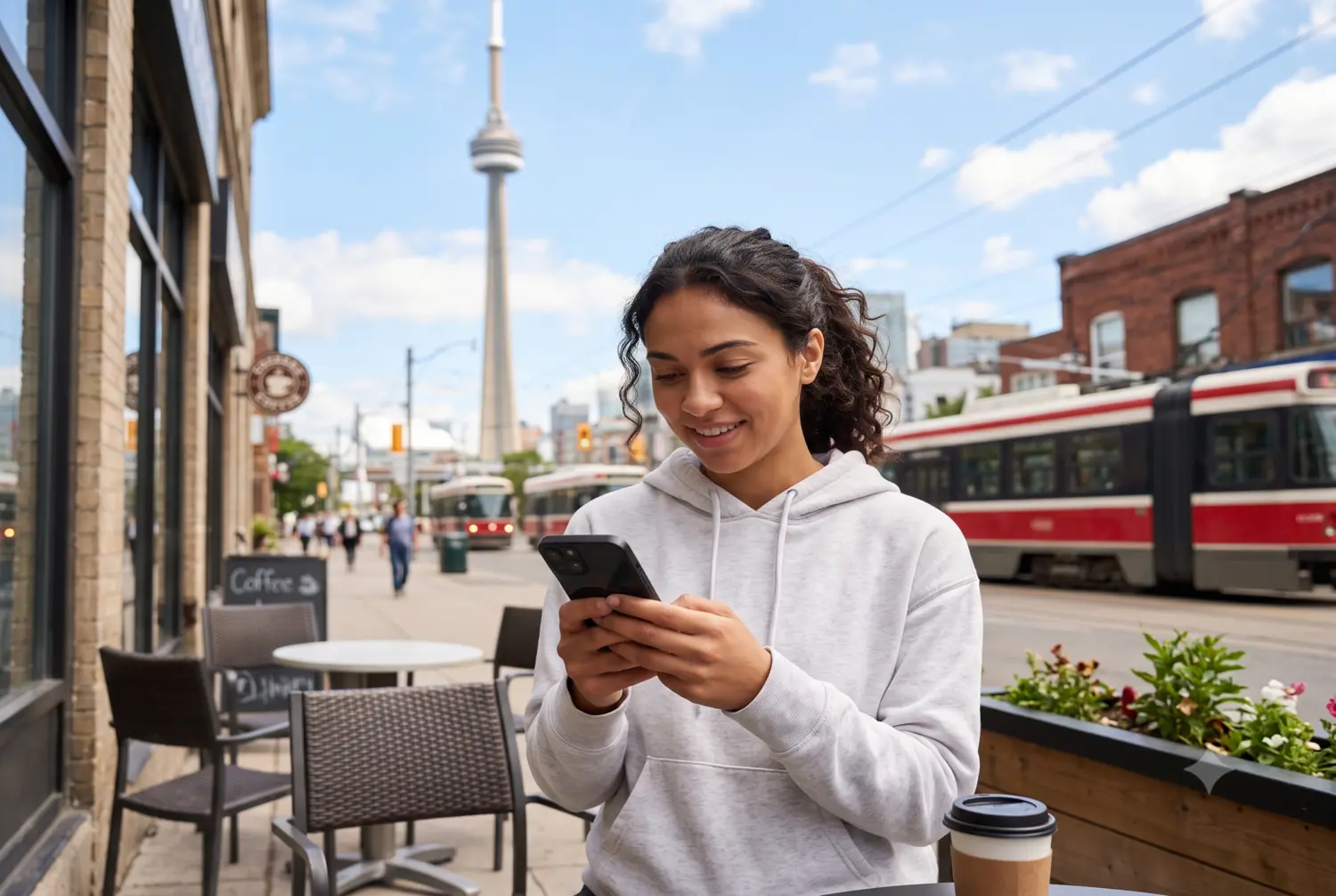 A girl using a smartphone at an outdoor café with the CN Tower and Toronto skyline in the background