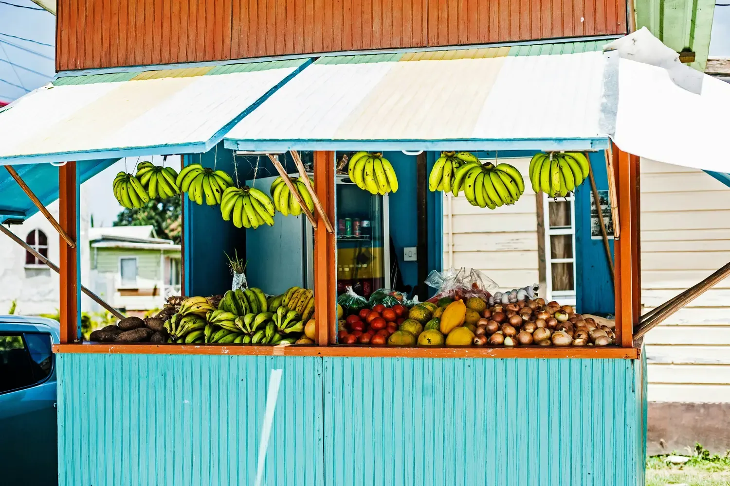Colorful roadside fruit and vegetable stand with bunches of bananas