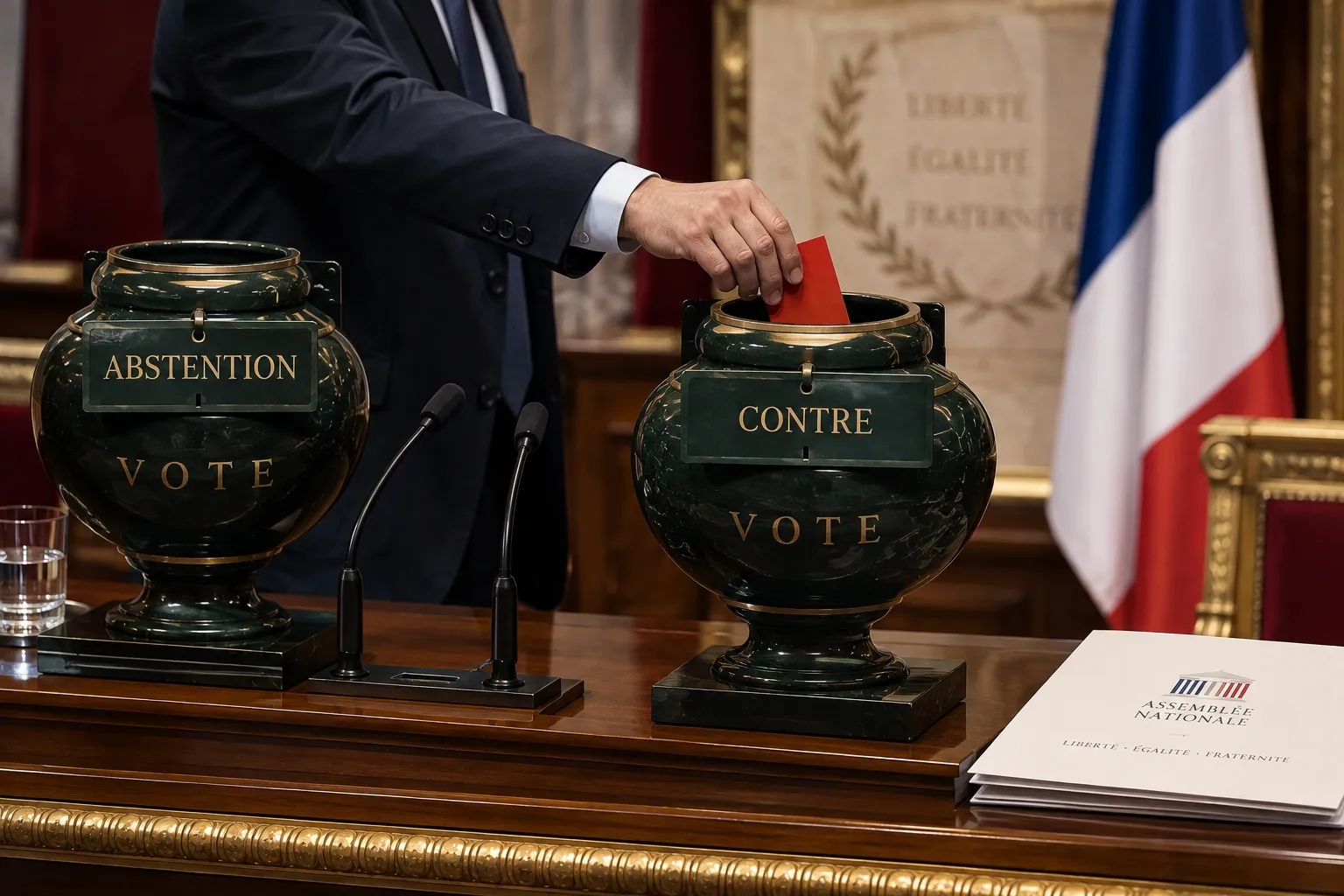 French senator's ballot document in the ballot box during a vote on a draft budget bill