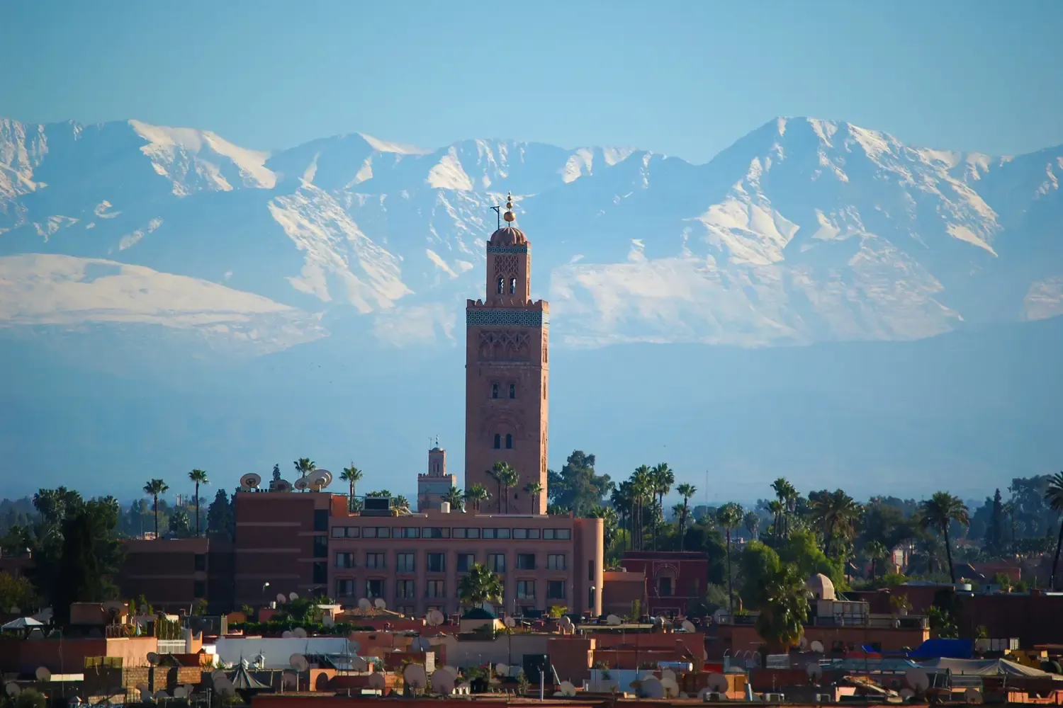 Koutoubia Mosque tower rising above Marrakech, Morocco