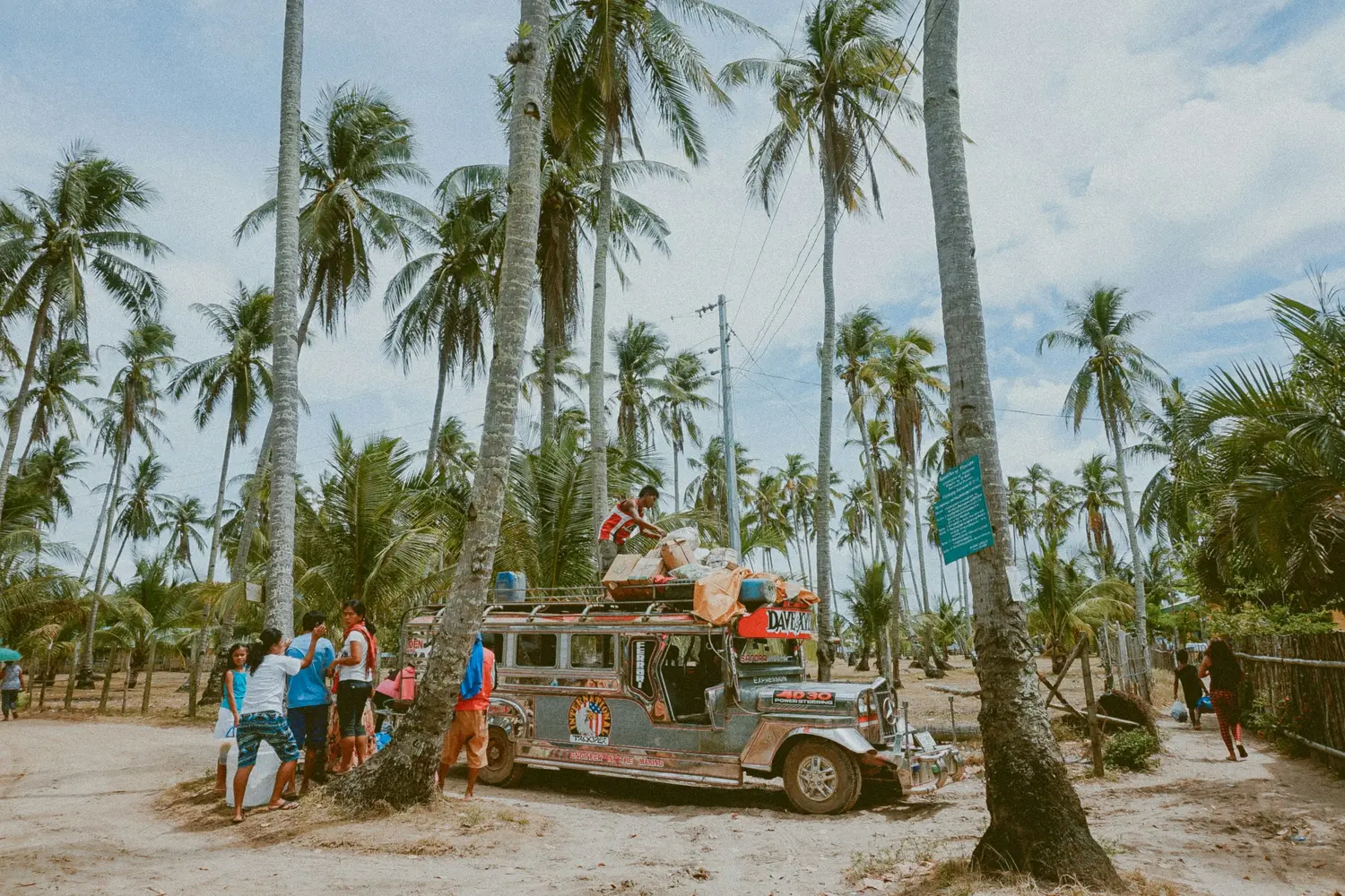 Jeepney parked under tall coconut palms in a tropical setting in the Philippines.