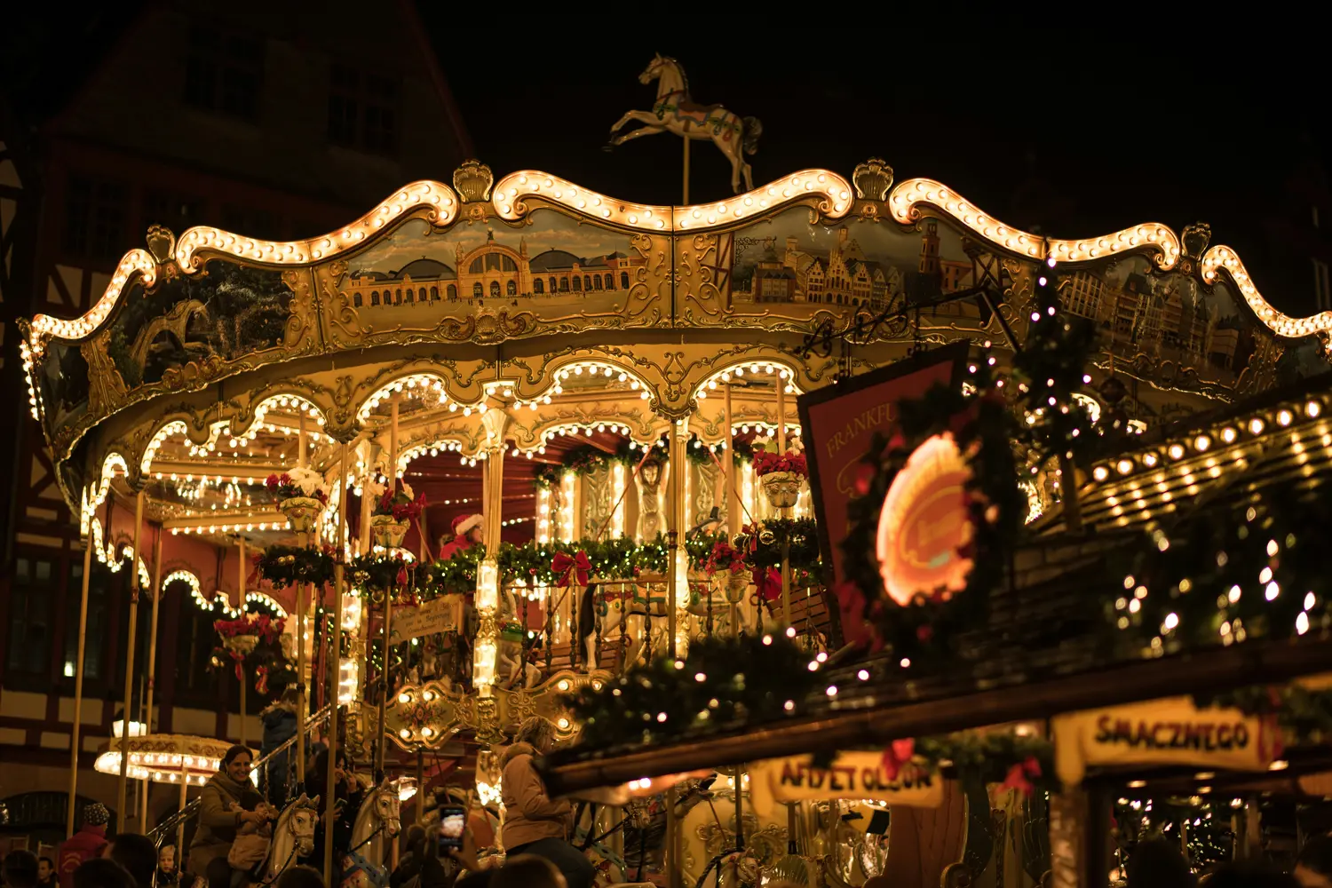 Vintage carousel at a festive European Christmas market