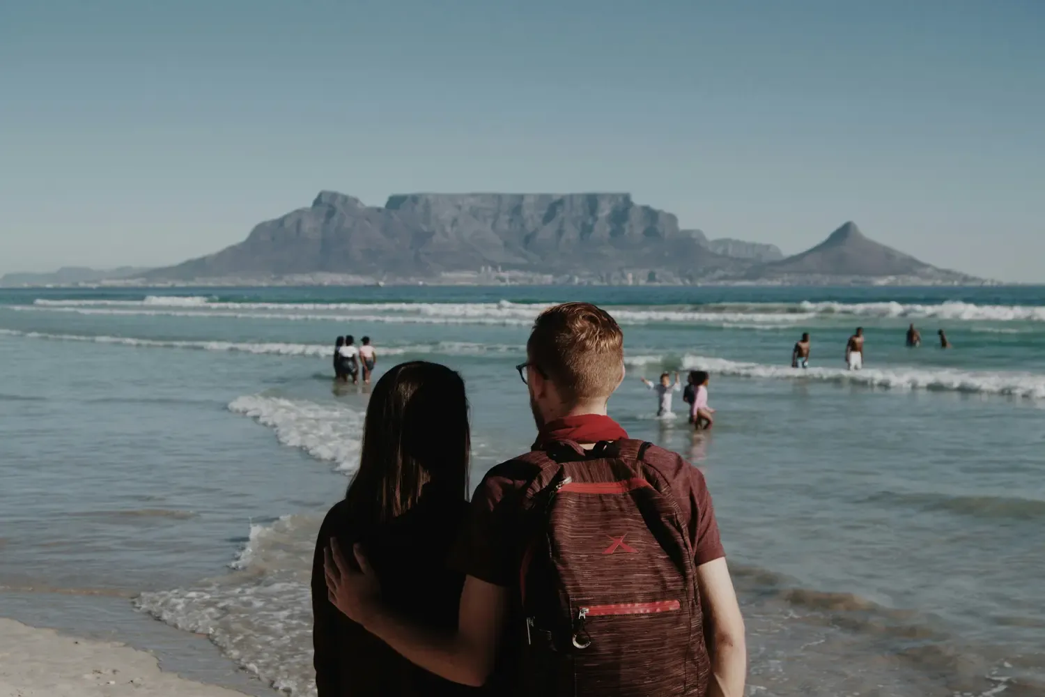 Table Mountain across the bay from Bloubergstrand Beach in Cape Town, South Africa