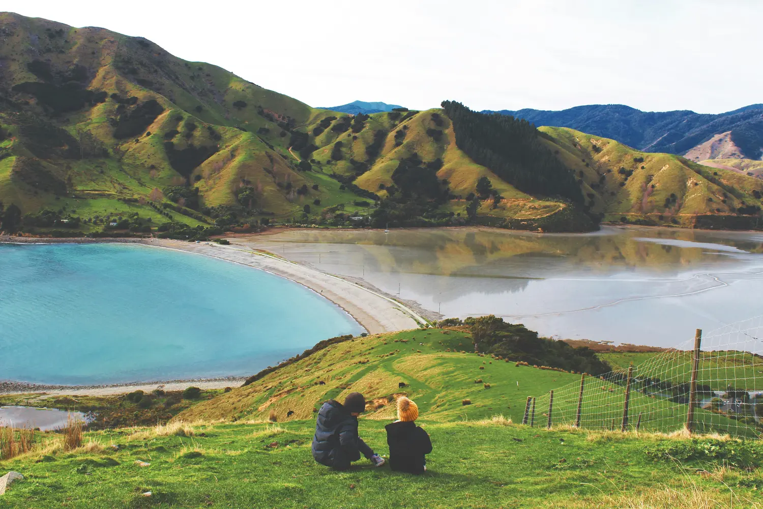 Scenic causeway and split waters at Cable Bay, located near Nelson on the South Island of New Zealand