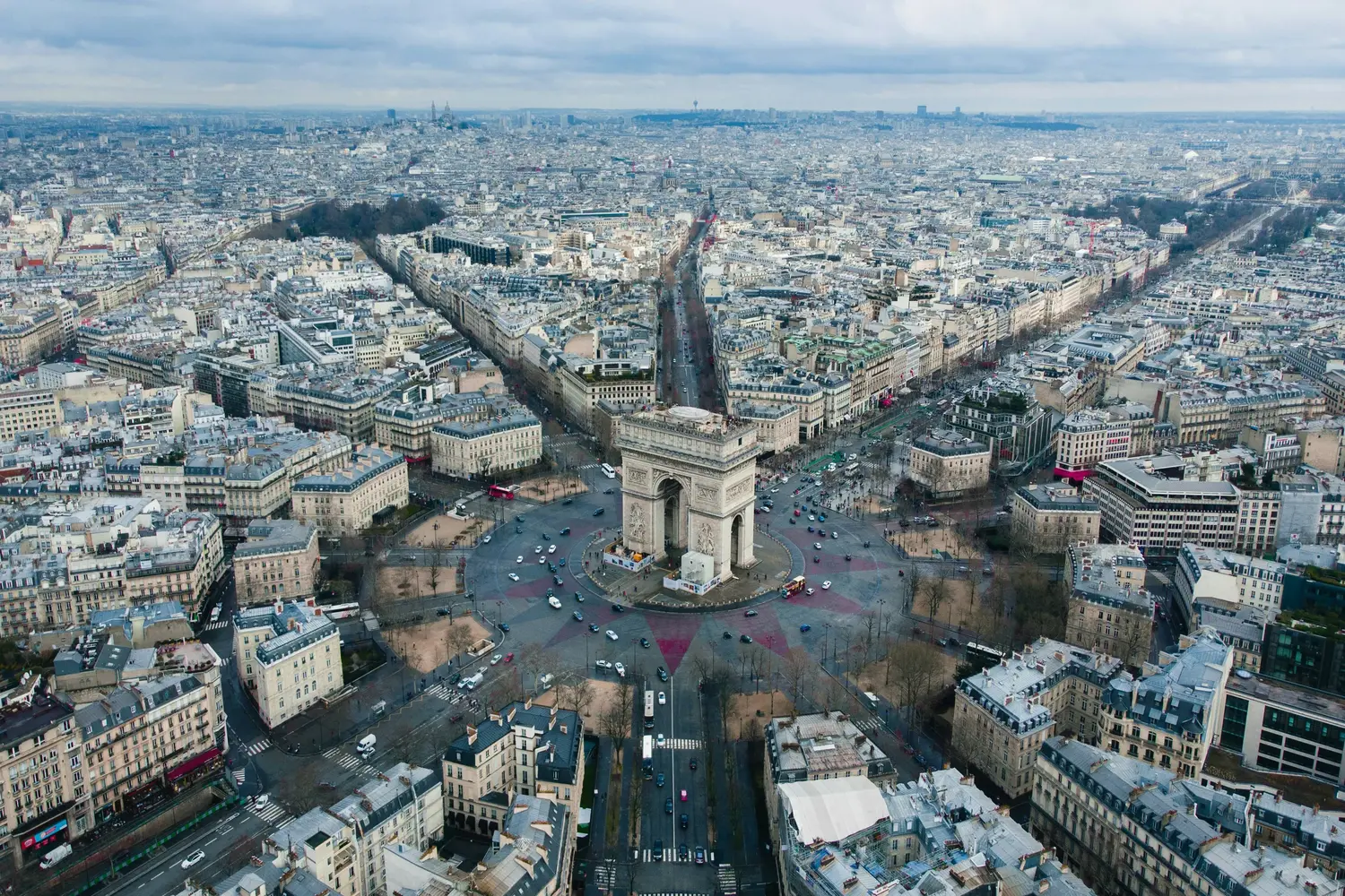 Arc de Triomphe and the surrounding Place Charles de Gaulle in Paris, France