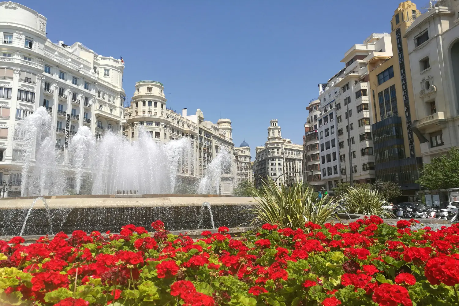 Large central fountain in the Plaza del Ayuntamiento in Valencia, Spain