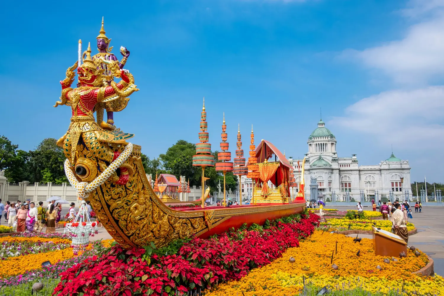 Floral display shaped like a traditional Thai royal barge, Throne Hall in Bangkok, Thailand