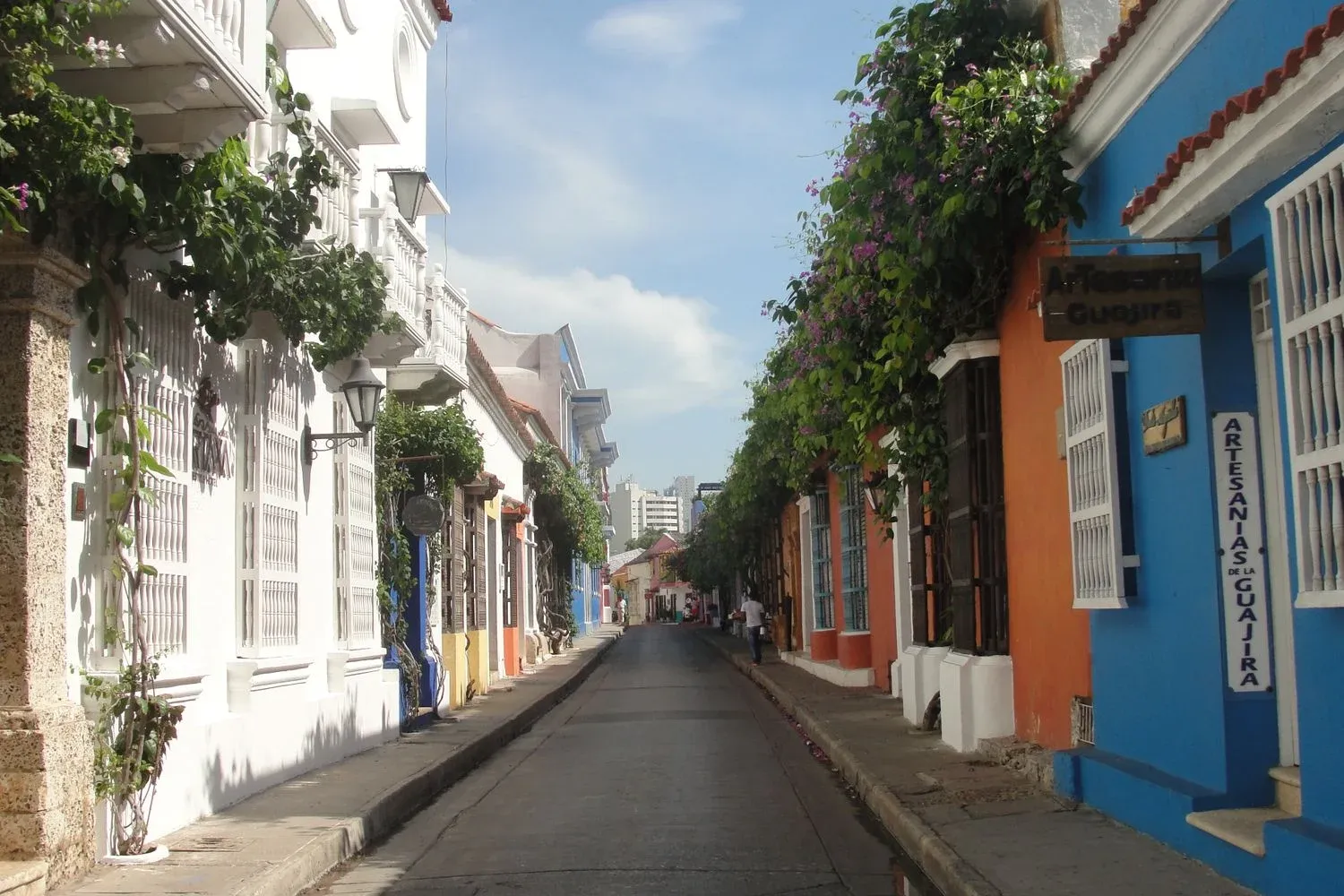 Colorful colonial street in Cartagena with blooming vines and historical architecture