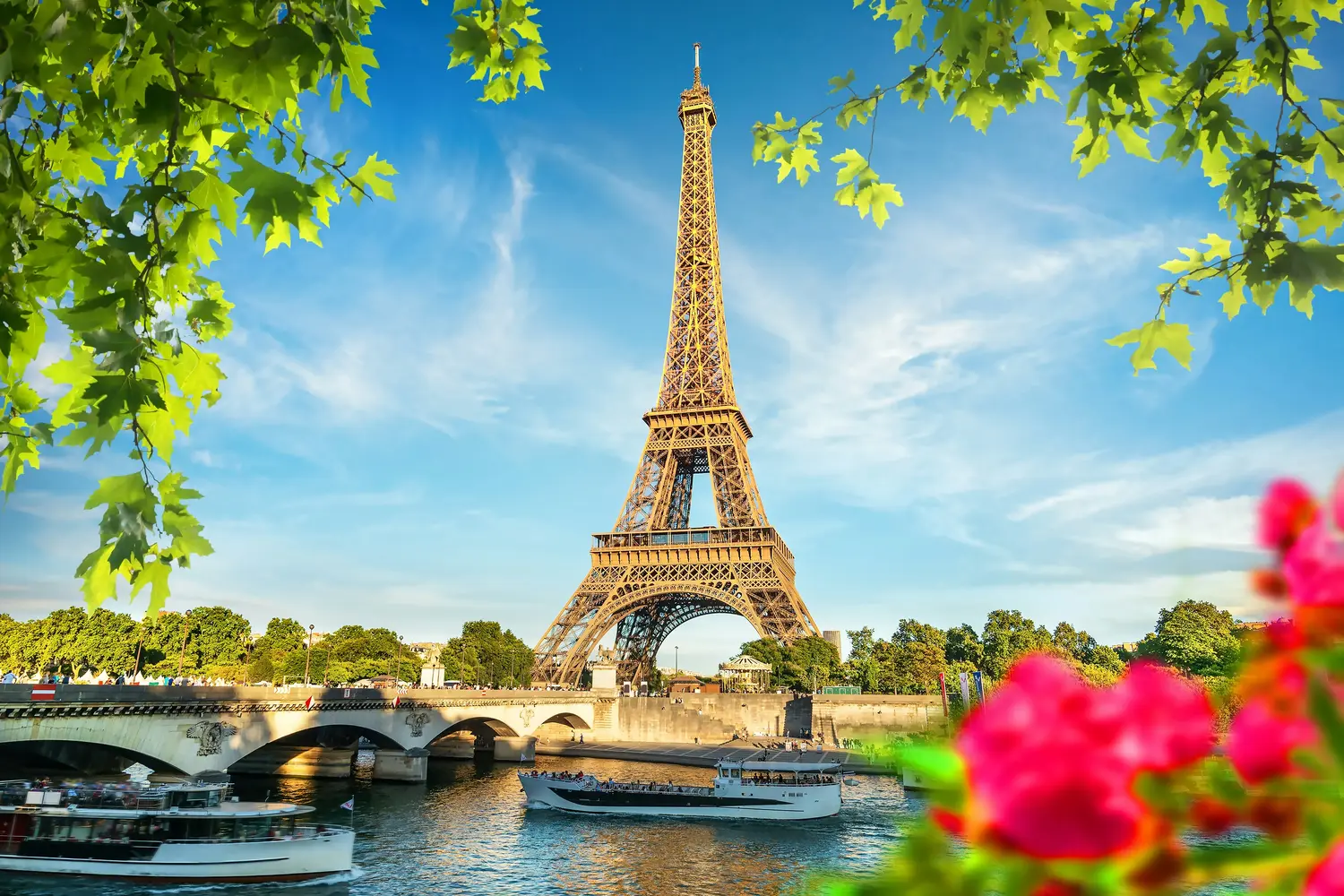 Eiffel Tower rising above the Seine River in Paris, France