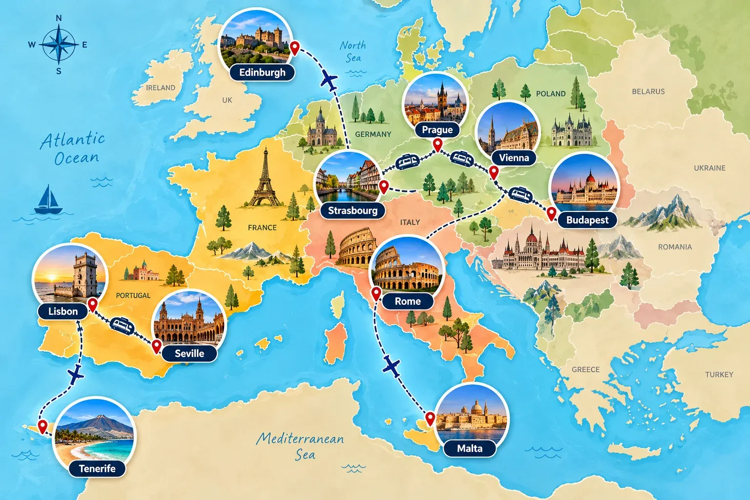 Europe Travel Routes Map