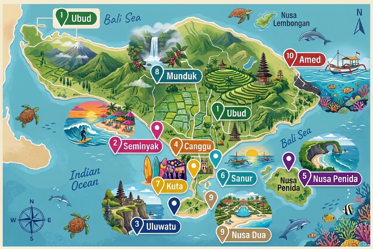 Map of Best Places to Visit in Bali
