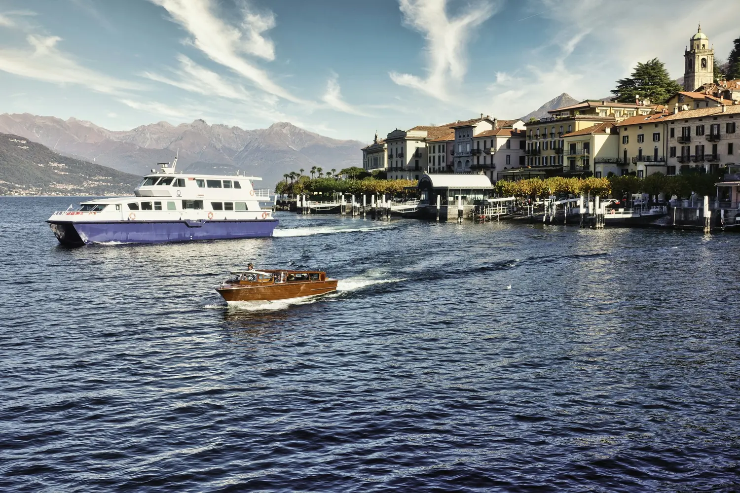 Waterfront and ferry docks of Bellagio on Lake Como in Lombardy, Italy