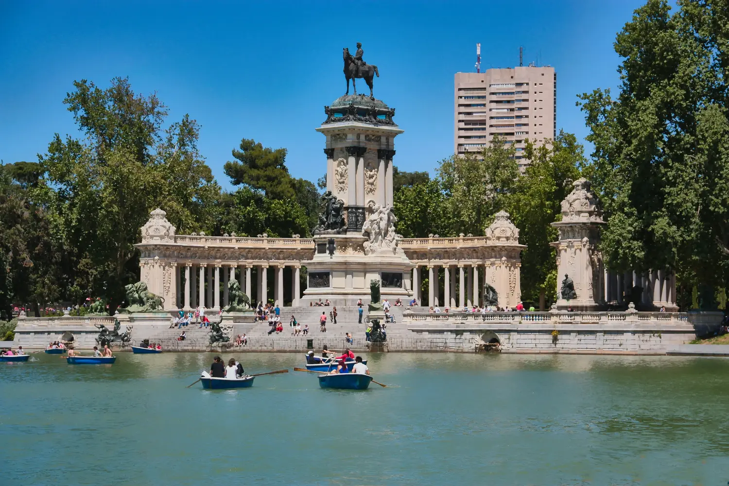 Monument to Alfonso XII overlooking the large artificial lake in Madrid, Spain