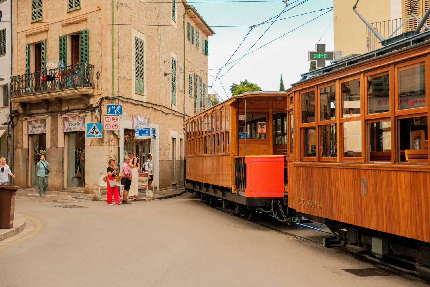 Wooden tram traveling along the streets of Sóller, Mallorca, Spain