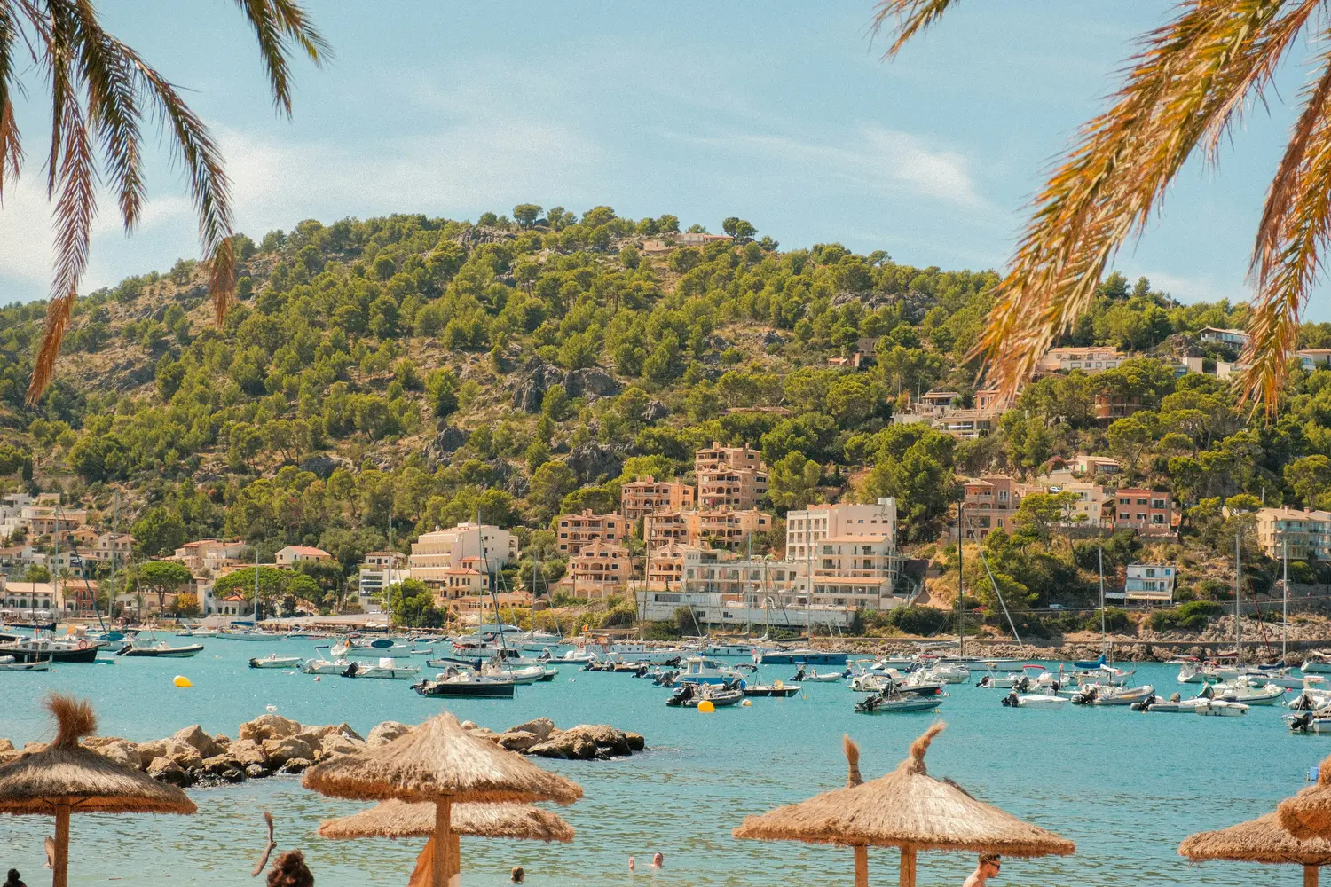 Coastal town and harbor of Port de Sóller in Mallorca, Spain