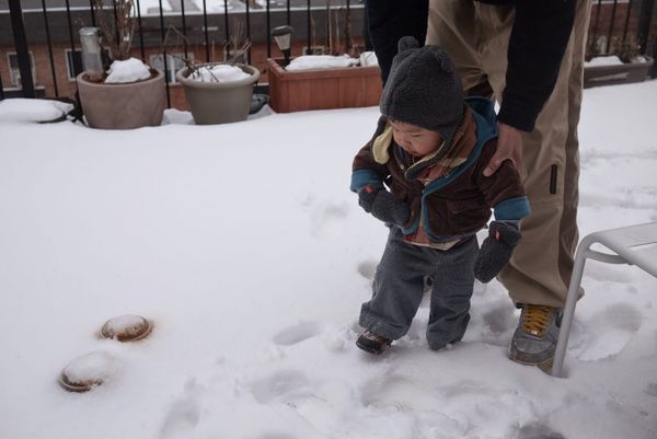 1Y5Ms Playing with the snow on the deck