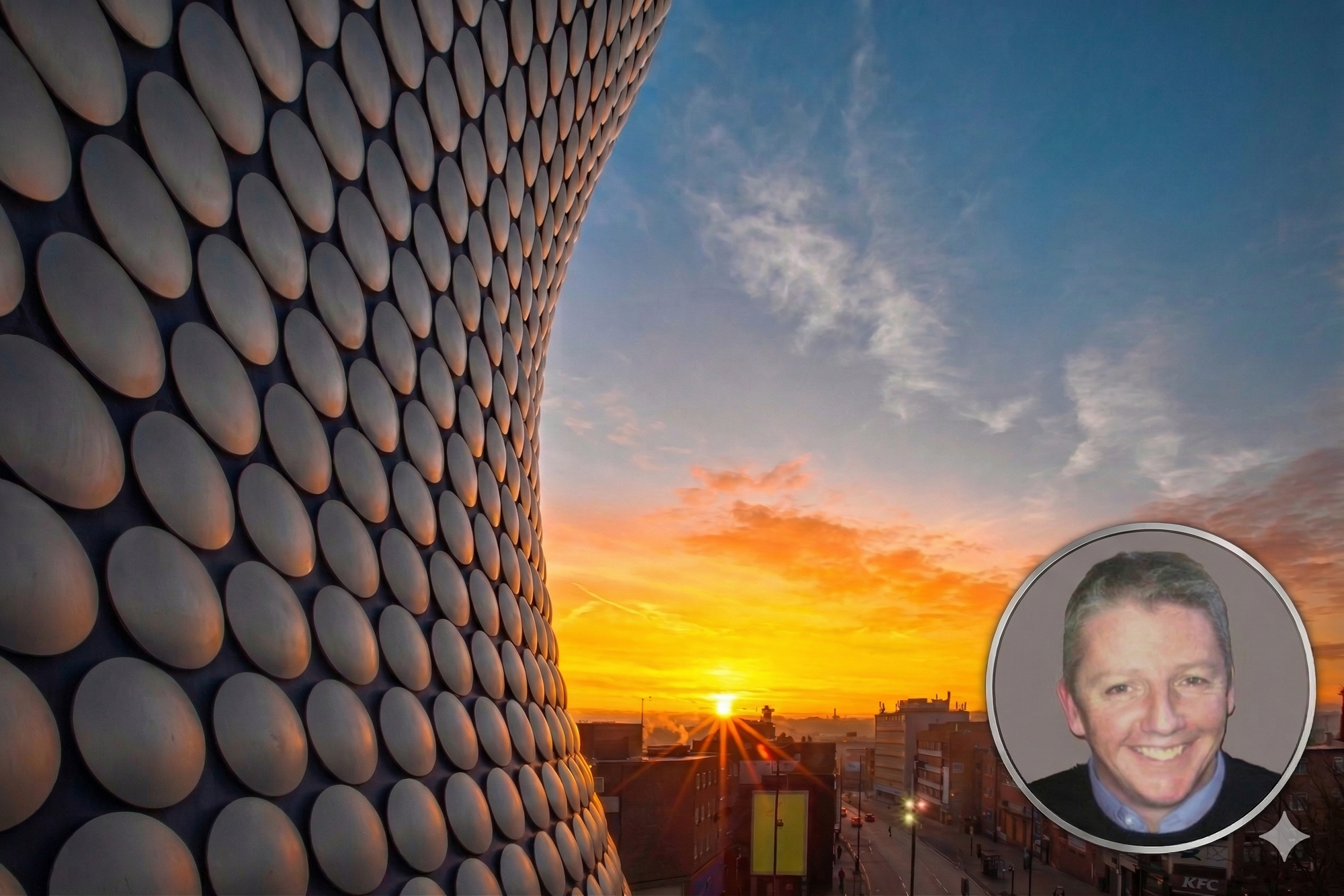 Birmingham Bullring at sunrise and image of the blog author Steve Dunn