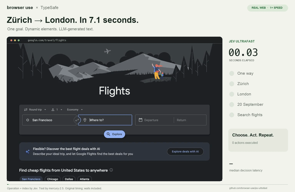 Browser Use and JEV search for a flight from Zurich to London in 7.1 seconds