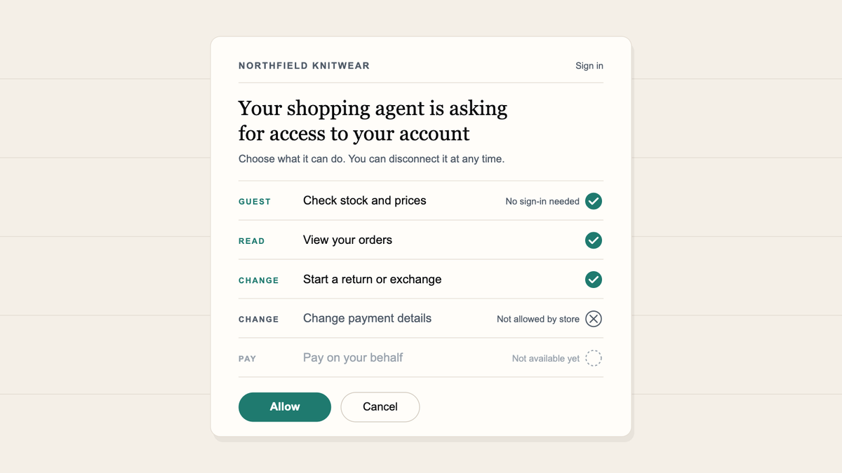 Store sign-in screen where a shopping agent asks for access: stock, orders and returns allowed; changing payment details not allowed; paying not available yet.