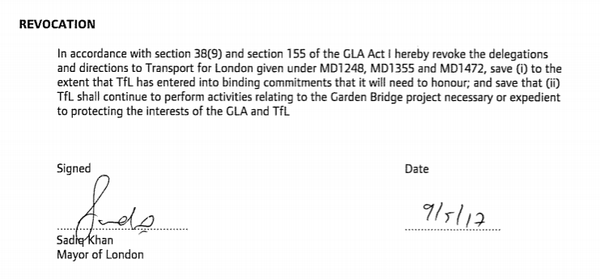 Sadiq Khan formally revokes Boris's Garden Bridge decisions