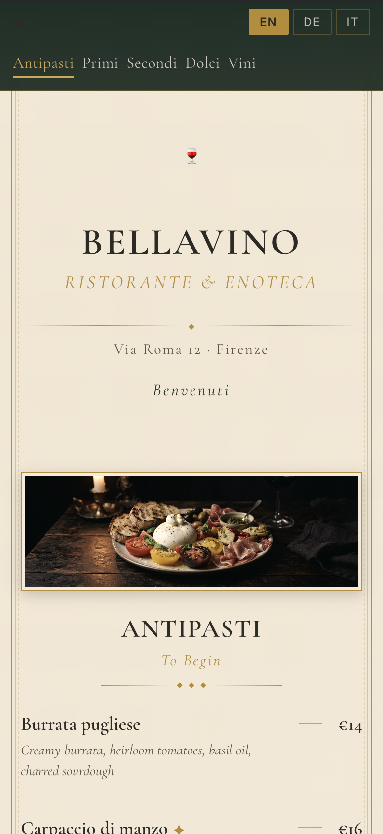 Mobile view of the digital menu