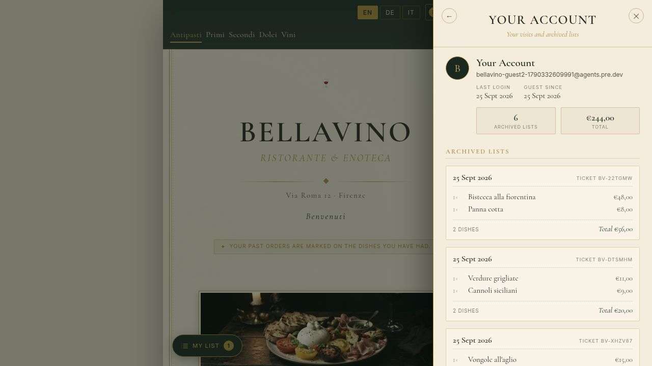 Digital Restaurant Menu Order Archive Linked to Your Account