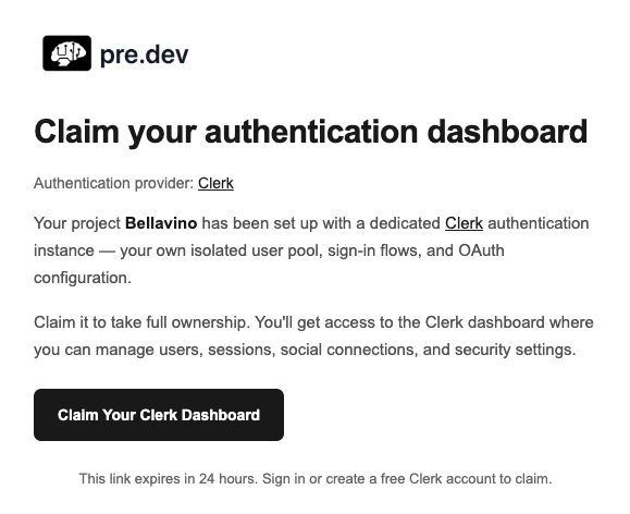 pre.dev send you an automatic invite to the newly created Clerk instance