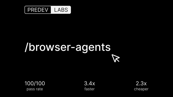 pre.dev browser agents benchmark highlights (100/100 pass rate, 3.4x faster, 2.3x cheaper)