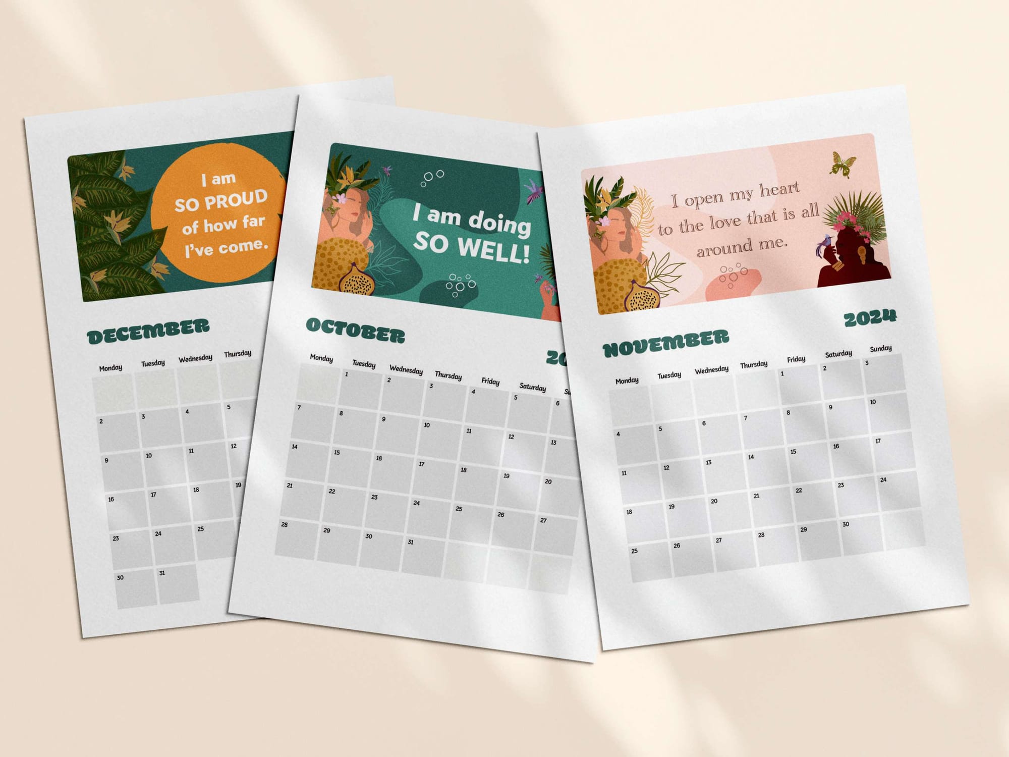 Printable positive affirmation calendar 2024 - October, November, December. 