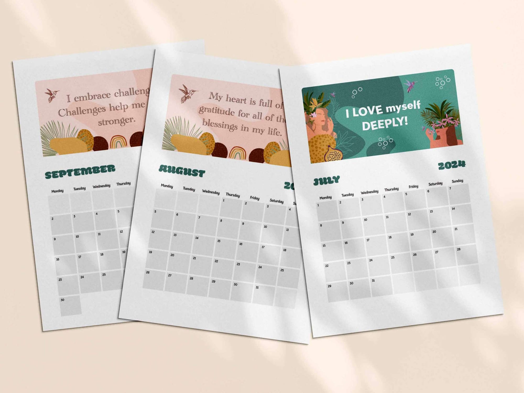 Printable positive affirmation calendar 2024 - July, August, September. 