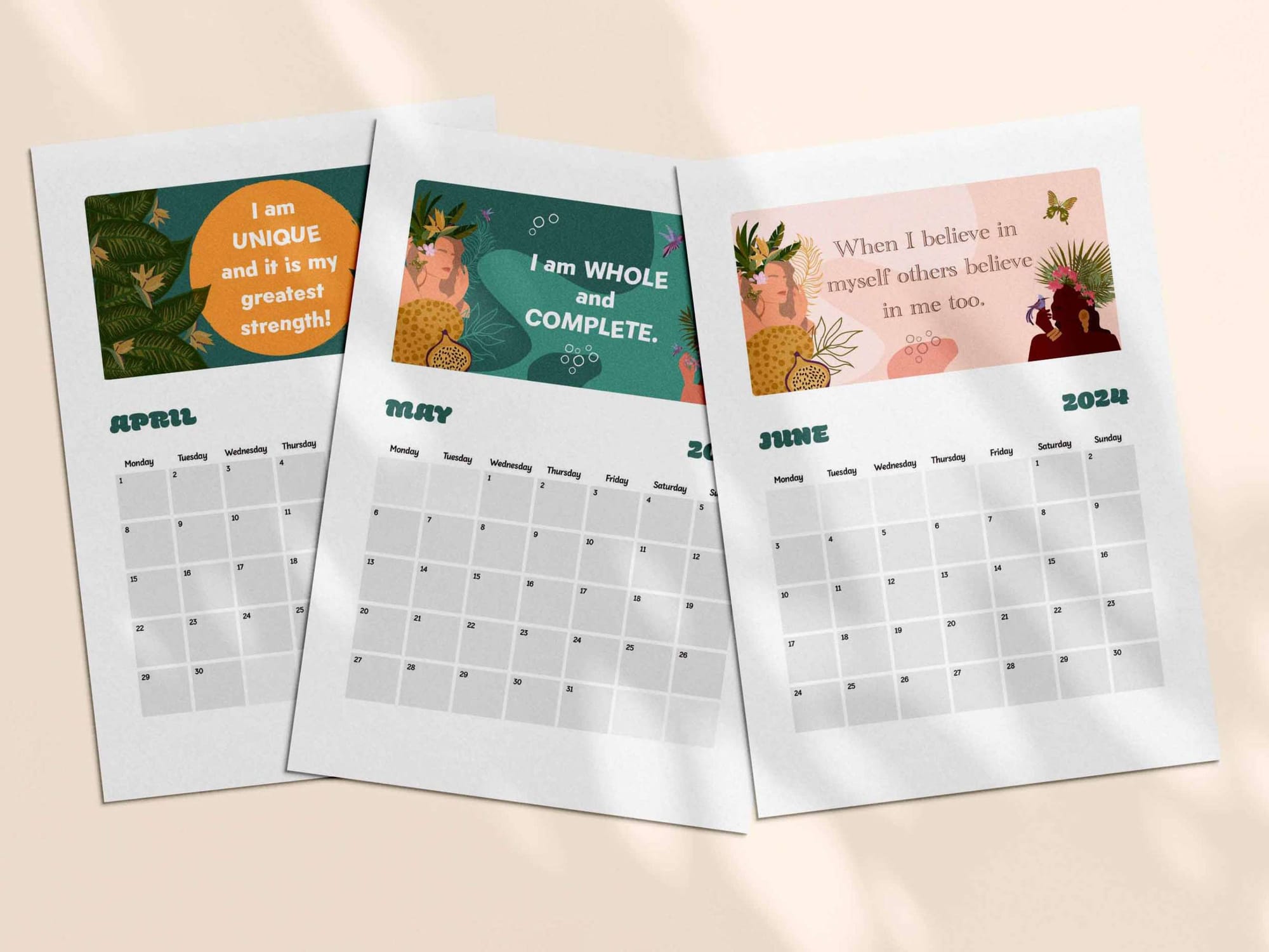 Printable positive affirmation calendar 2024 - April, May, June. 