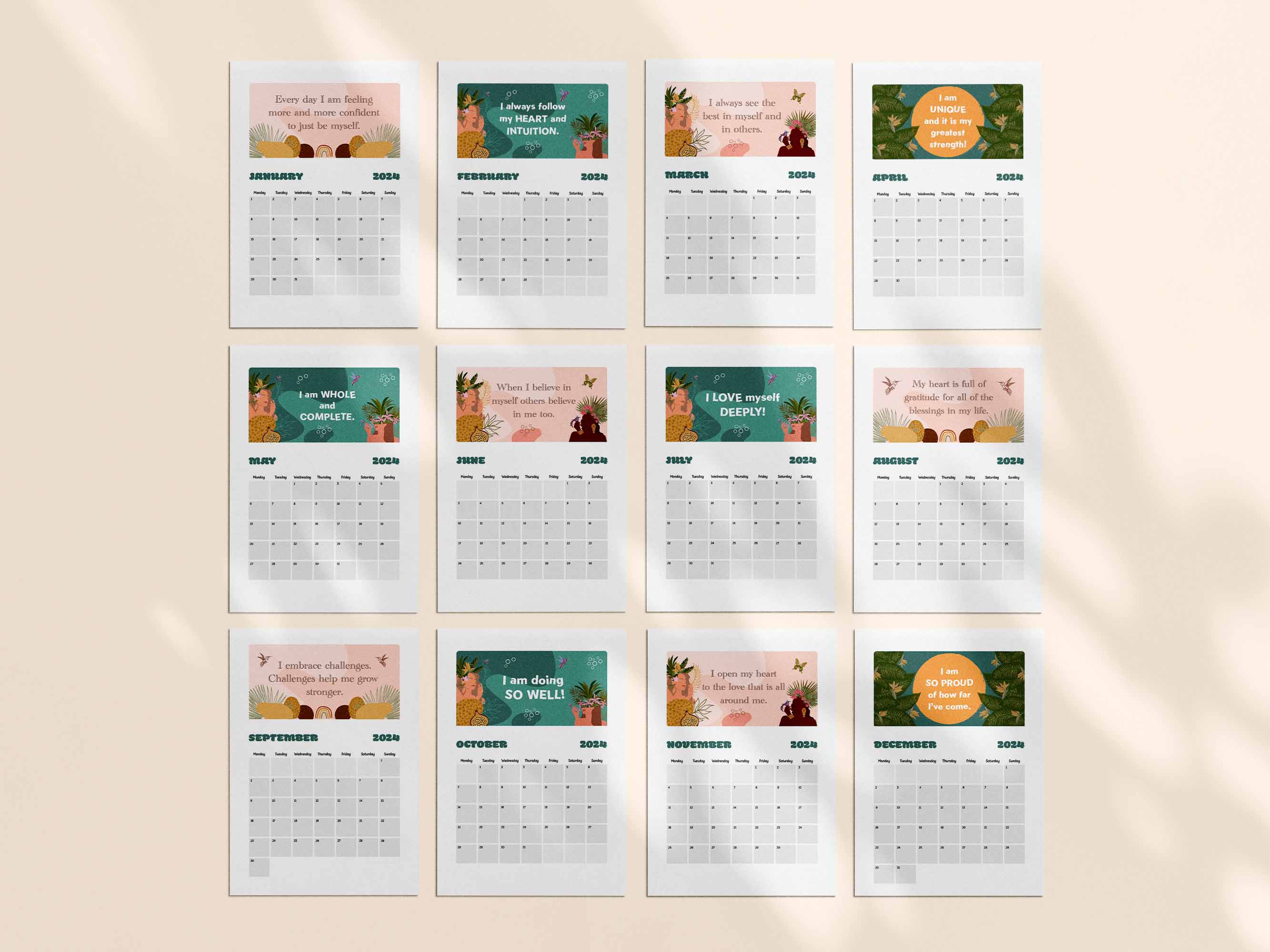 Printable positive affirmation calendar 2024 - monthly calendar. 