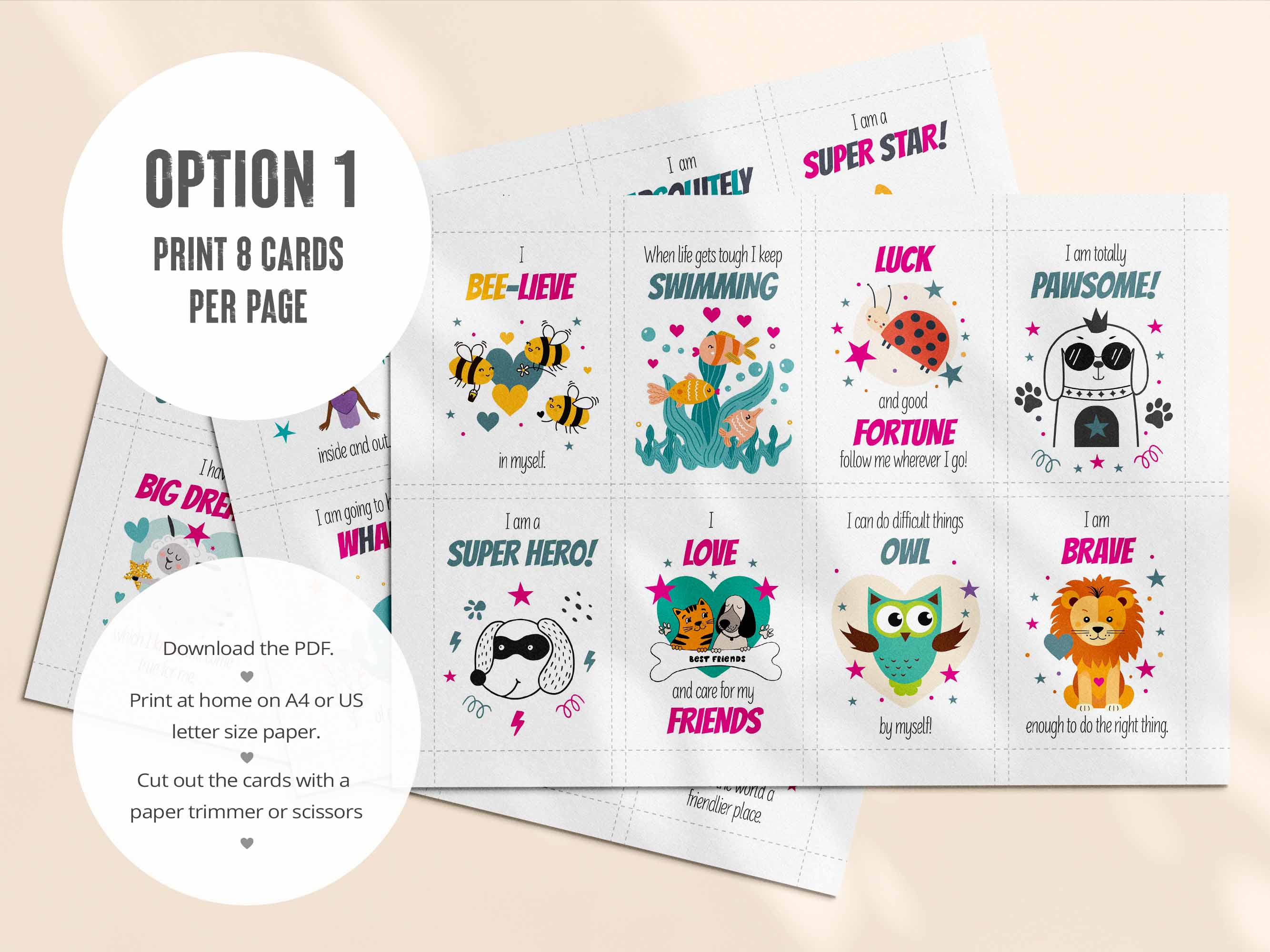 The first PDF has all 32 kids positive affirmation cards laid out 8 per page.