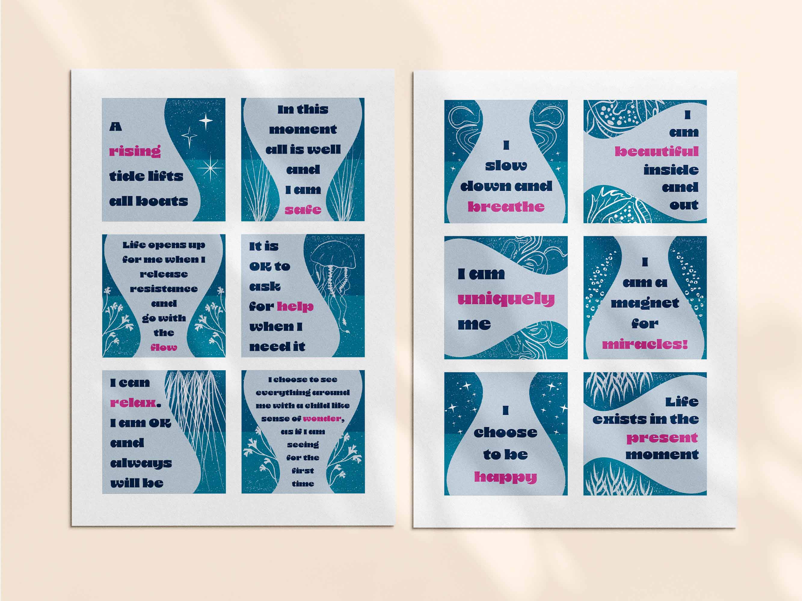 24 printable affirmation cards for letting go, with a water, waves and sea theme. 