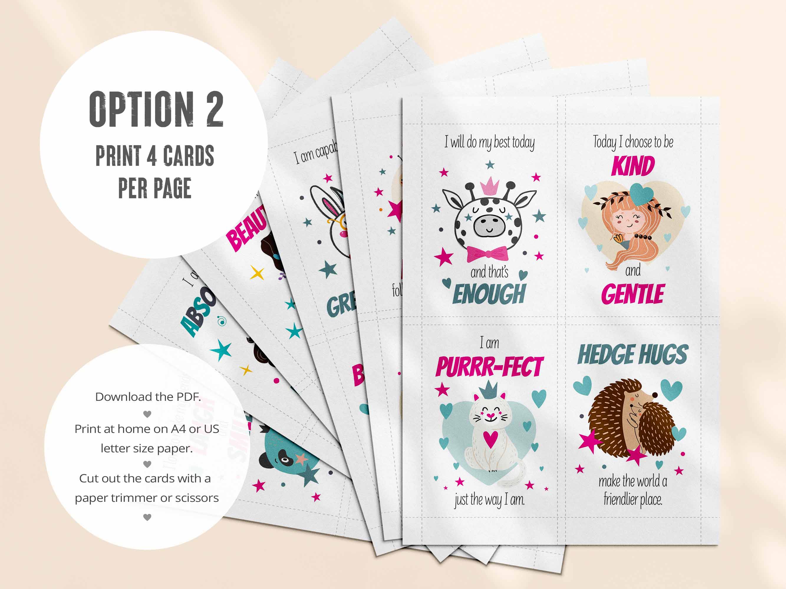 The second PDF has all 32 kids positive affirmation cards laid out 4 per page.