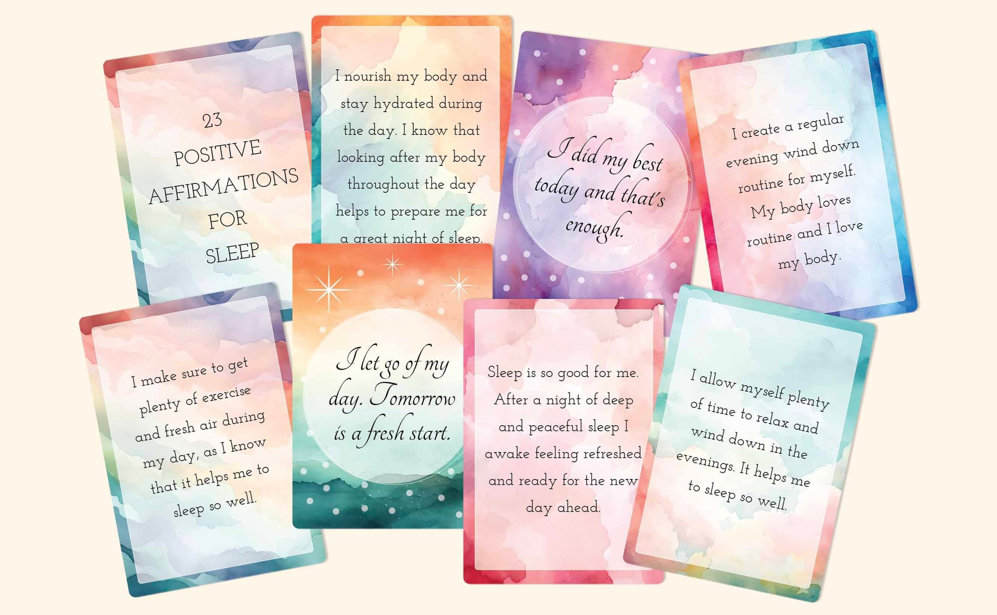23 printable positive affirmation cards for getting a great night of sleep.