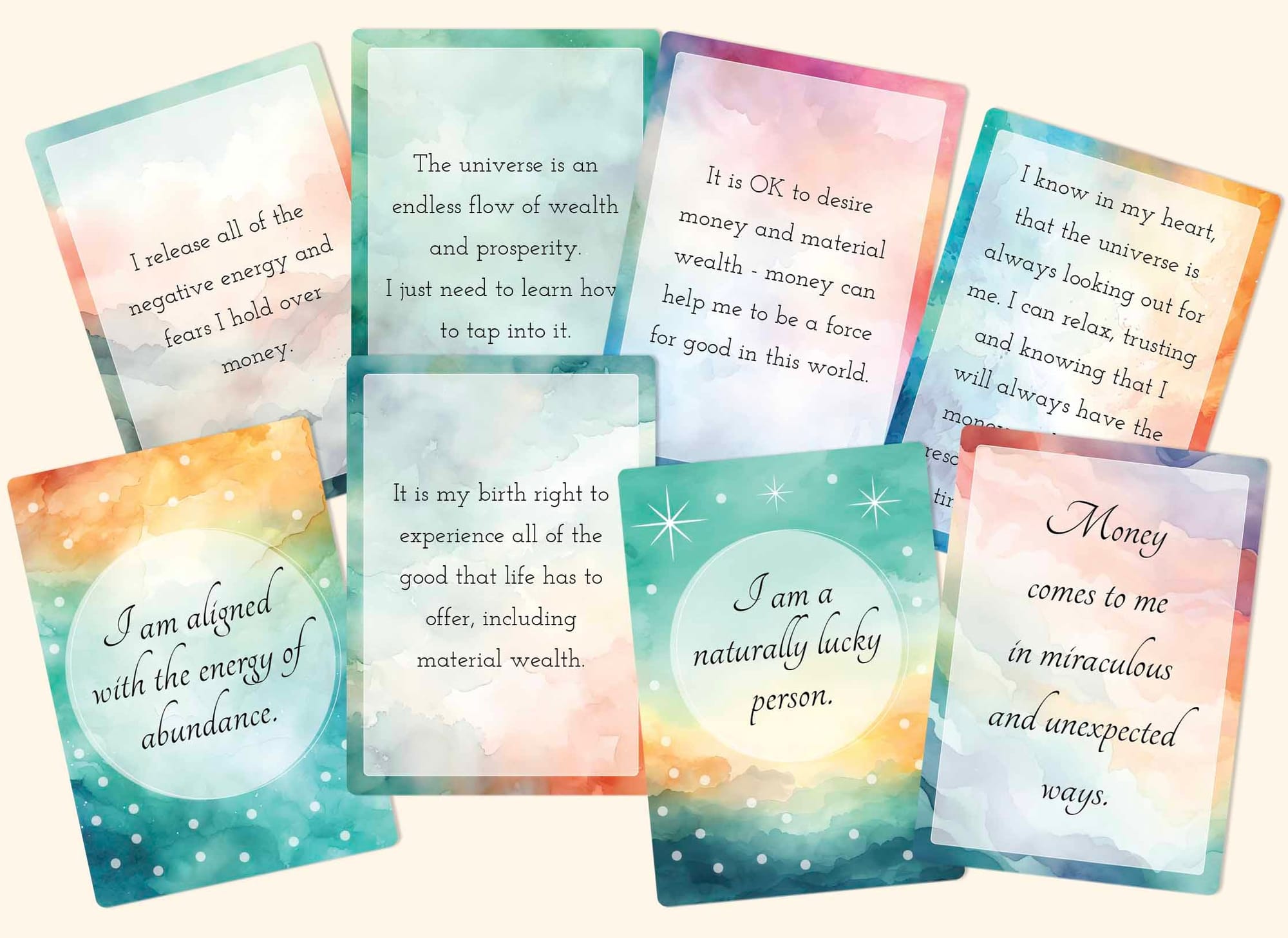 23 printable positive affirmation cards for manifesting money, wealth and abundance.
