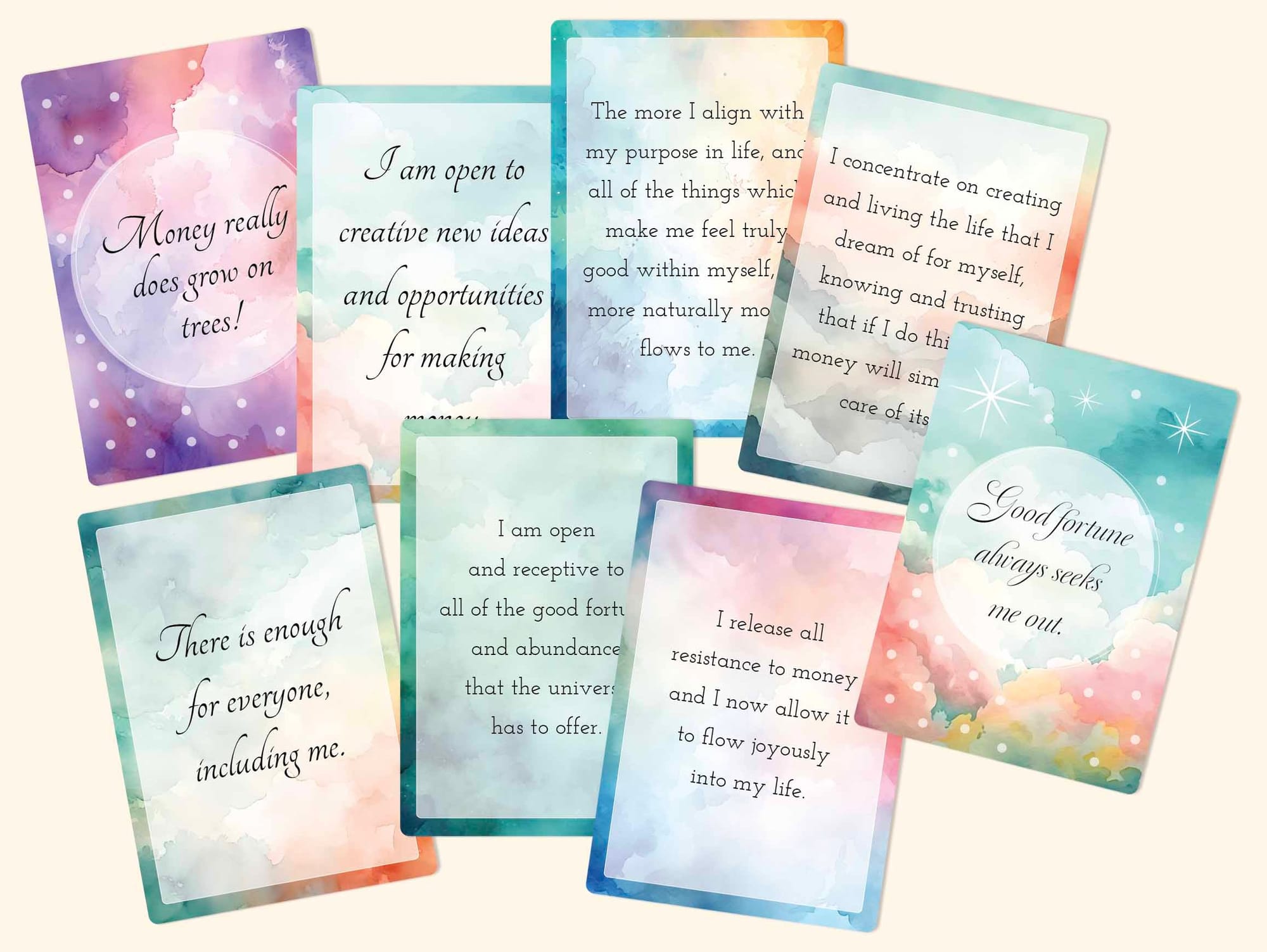 23 printable positive affirmation cards for manifesting money, wealth and abundance.