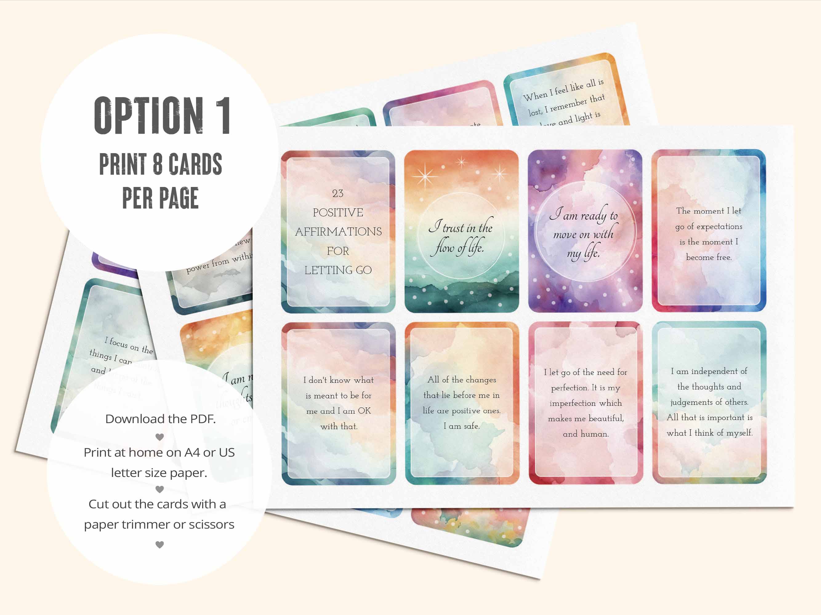 The first PDF has all 23 letting go affirmations laid out 8 per page.