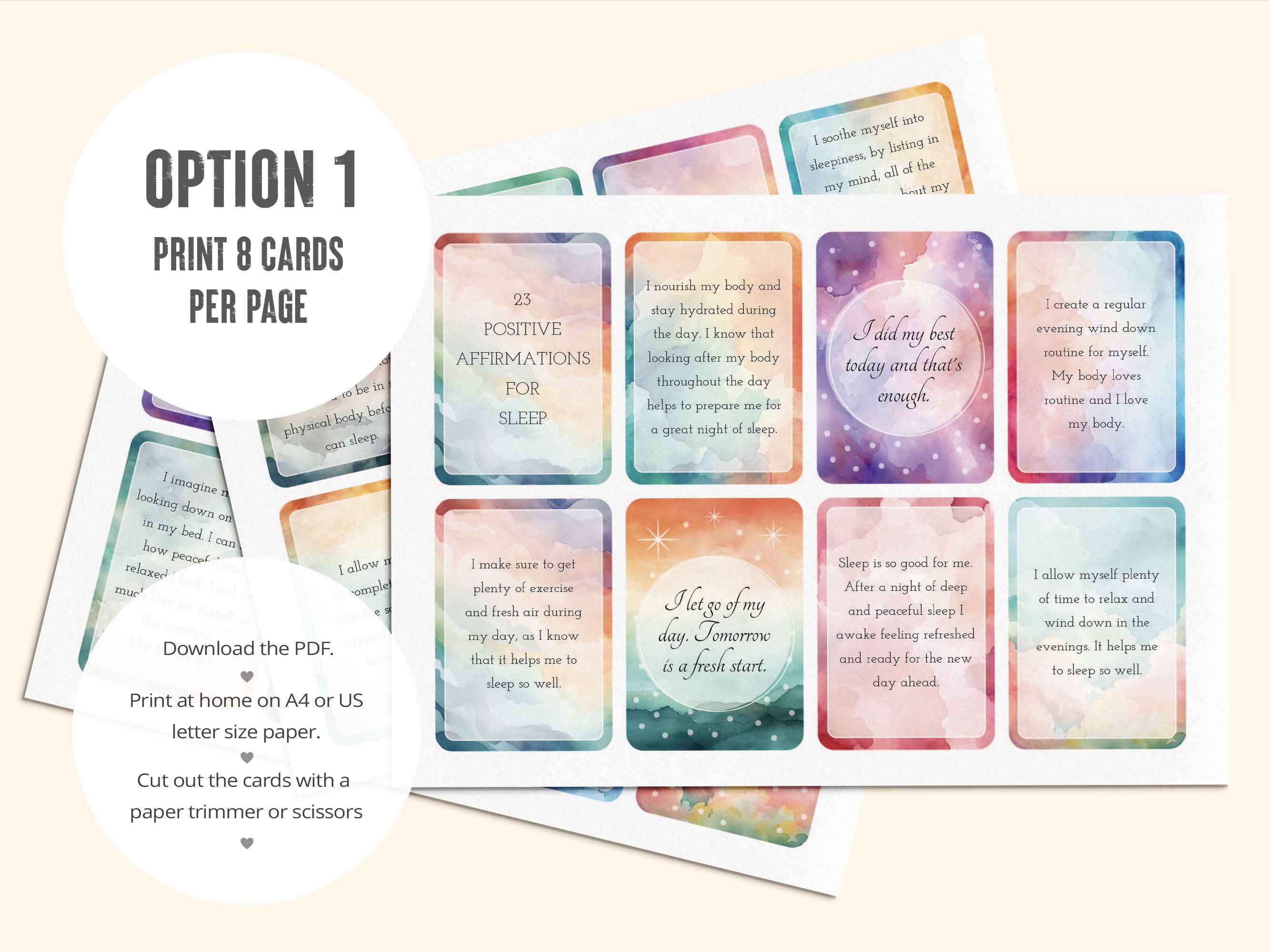 The first PDF has all 23 sleep affirmations laid out 8 per page.