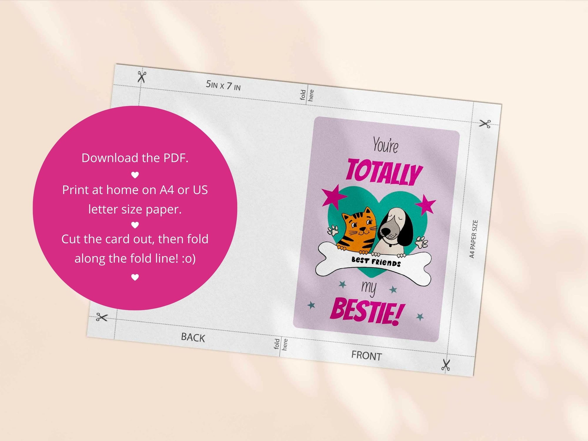 Printable friendship card template - both an A4 and US Letter print template are included in this download.