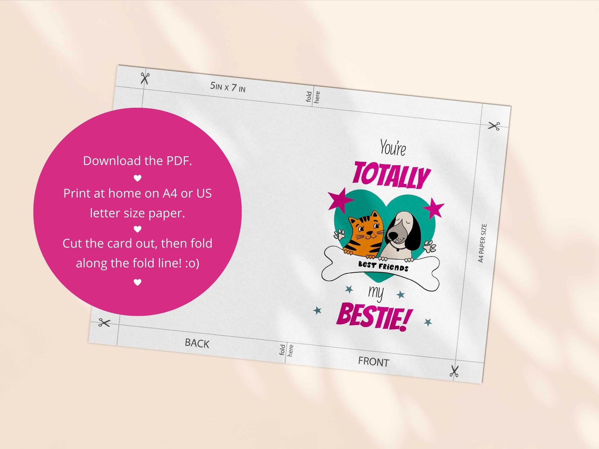 Printable friendship card template - both an A4 and US Letter print template are included in this download.