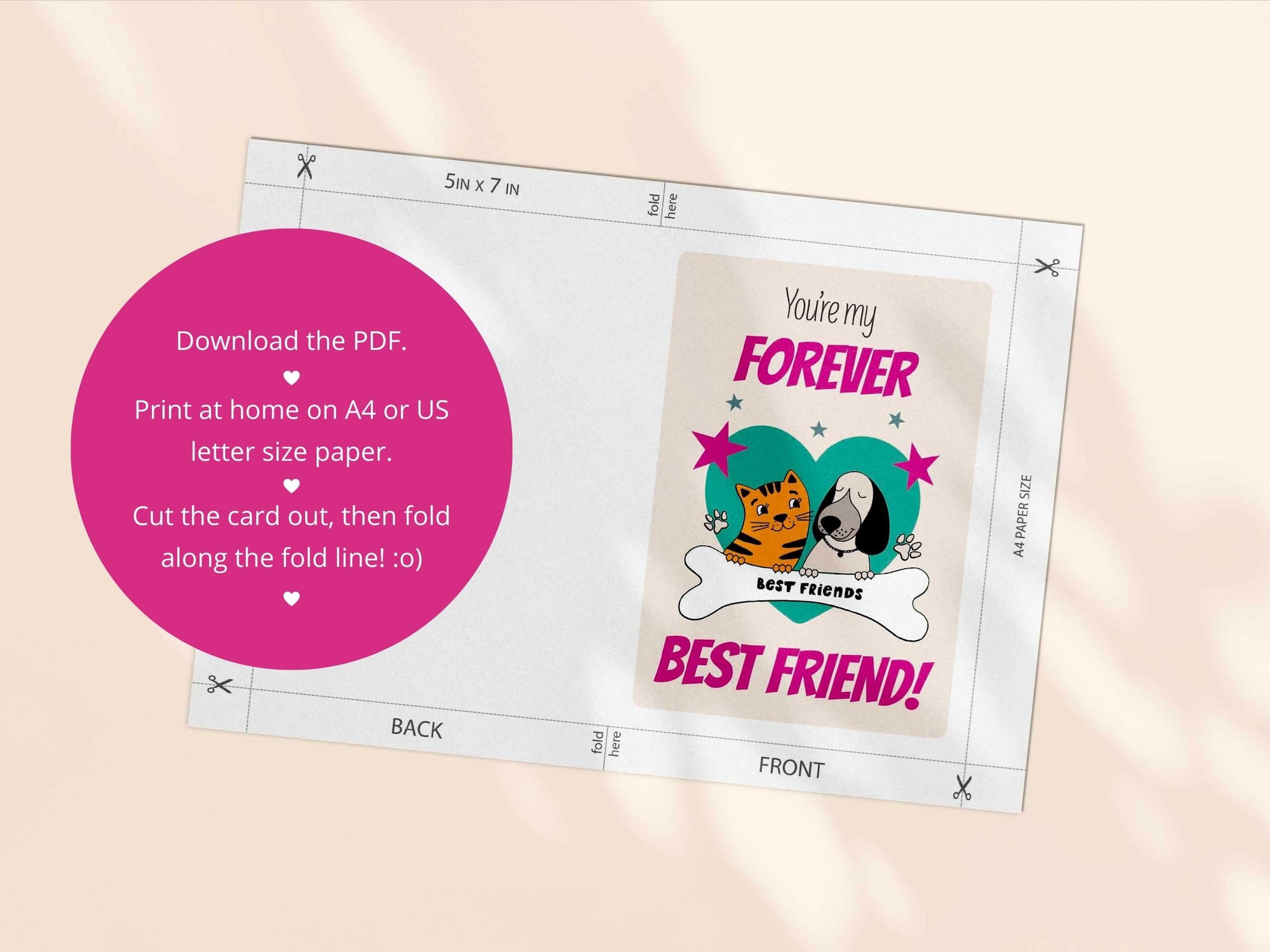 Printable friendship card template - both an A4 and US Letter print template are included in this download.