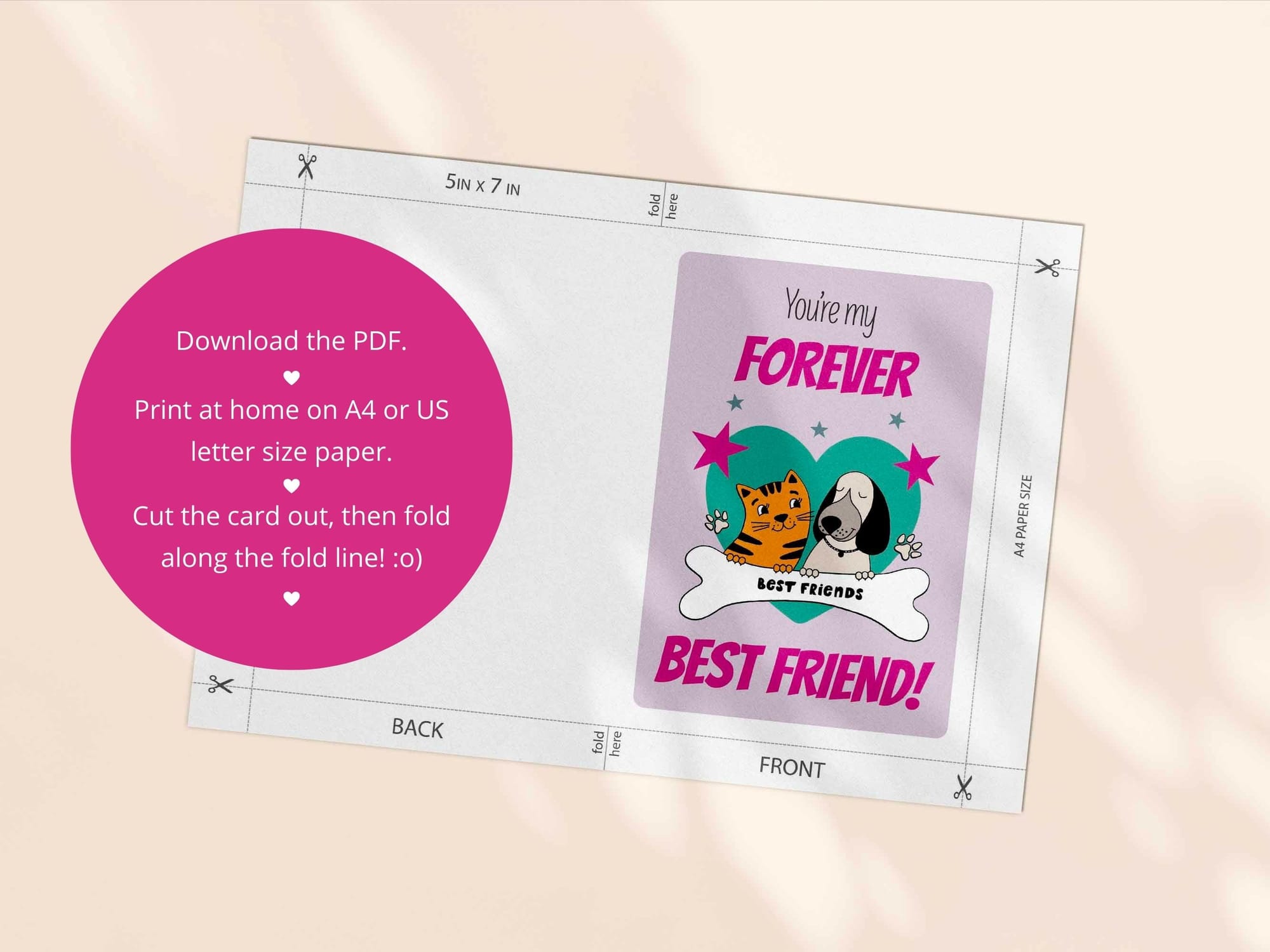 Printable friendship card template - both an A4 and US Letter print template are included in this download.