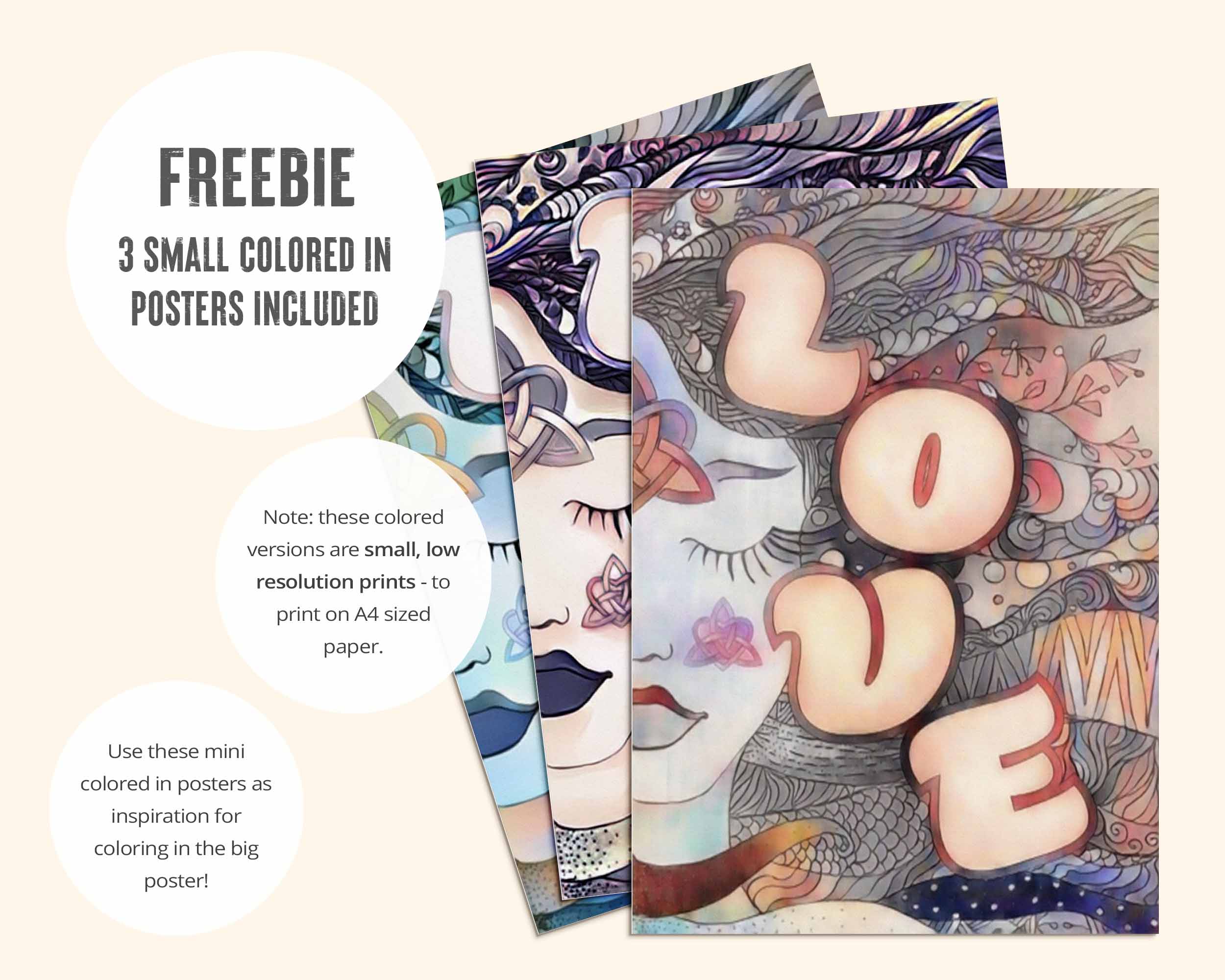 Mini colored in example posters are included to inspire your own coloring. Note: these colored versions are small, low resolution prints - to print on A4 sized paper.