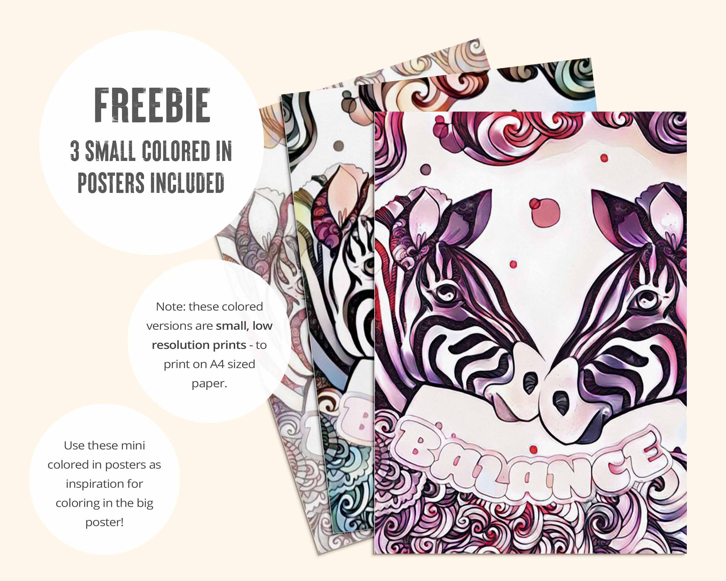 Mini colored in example posters are included to inspire your own coloring. Note: these colored versions are small, low resolution prints - to print on A4 sized paper.