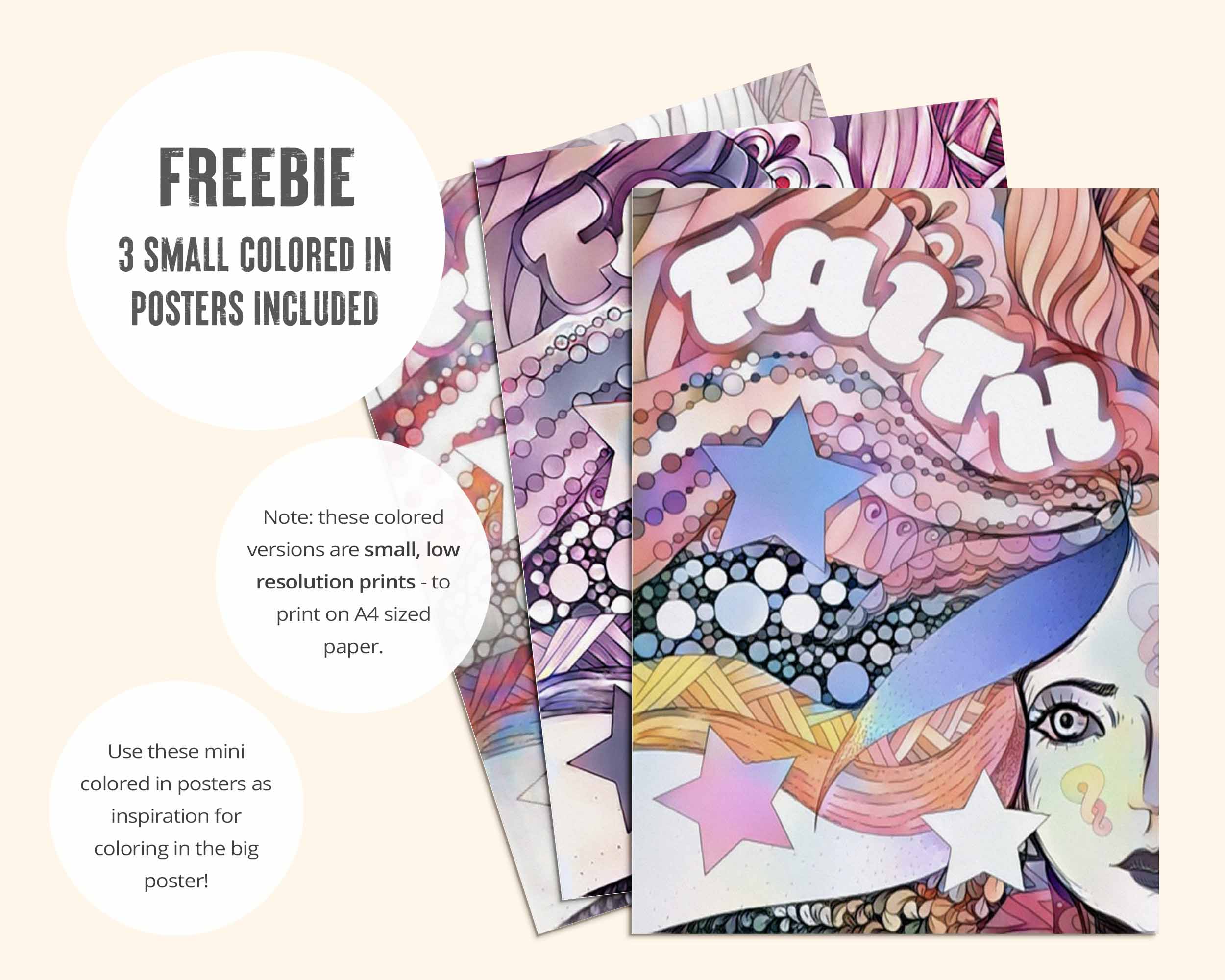 Mini colored in example posters are included to inspire your own coloring. Note: these colored versions are small, low resolution prints - to print on A4 sized paper.